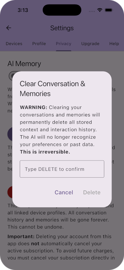 Gallery Image: Settings Screen Privacy: Clear Memories