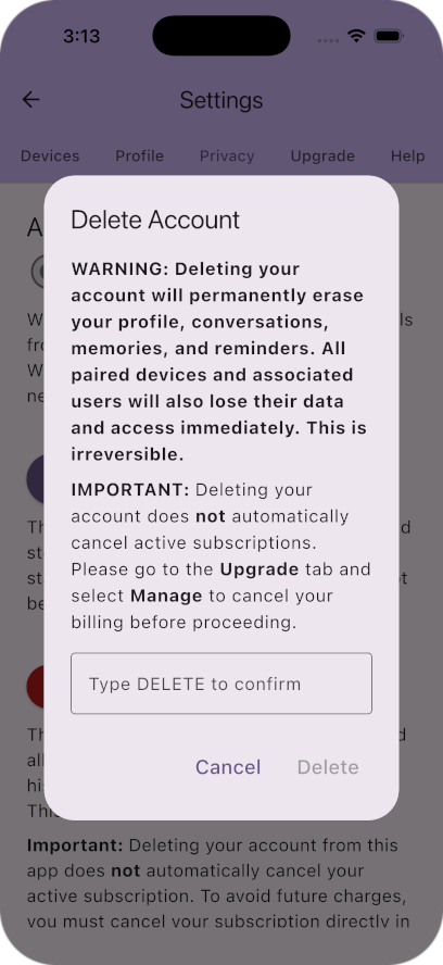 Gallery Image: Settings Screen Privacy: Delete Account
